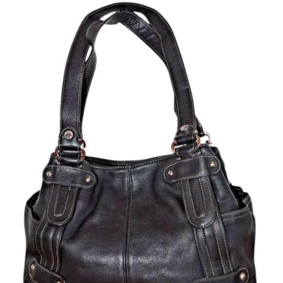 Tignanello Genuine Black Leather Studded Pebbled Top Stitching Satchel Handbag - Picture 1 of 9